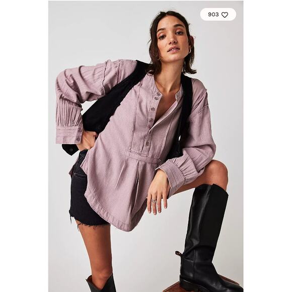 Free People Edge Washed Pure Cotton Flowing Half Button Blouse - Picture 3 of 13